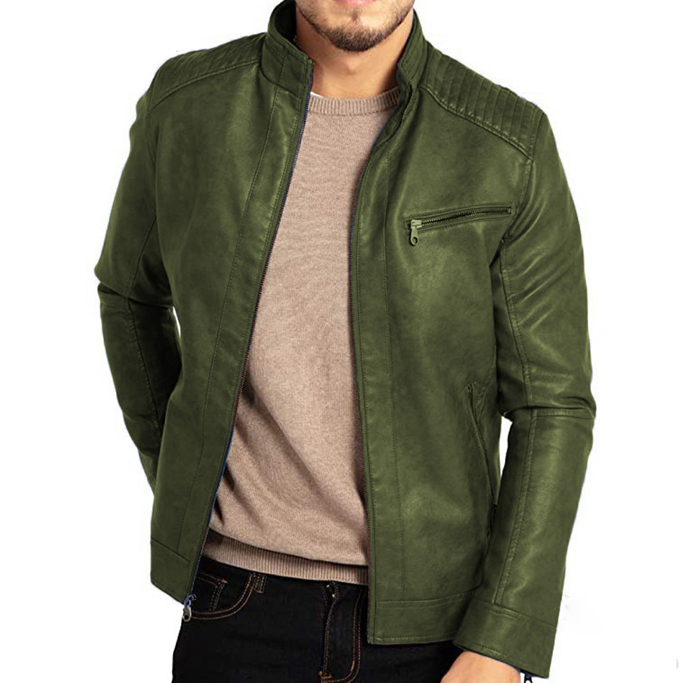 Modern bruin heren bikerjack met opstaande kraag, ideaal als veelzijdige buitenkleding voor de modebewuste man.