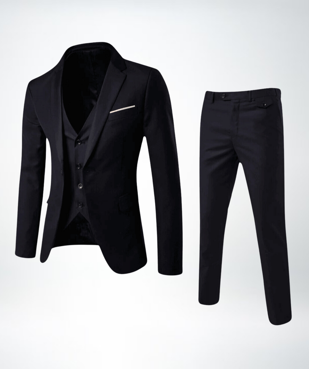 "Stijlvol heren driedelig pak met klassiek silhouet, grijsblauw, verfijnd design voor formele en semi-casual gelegenheden."