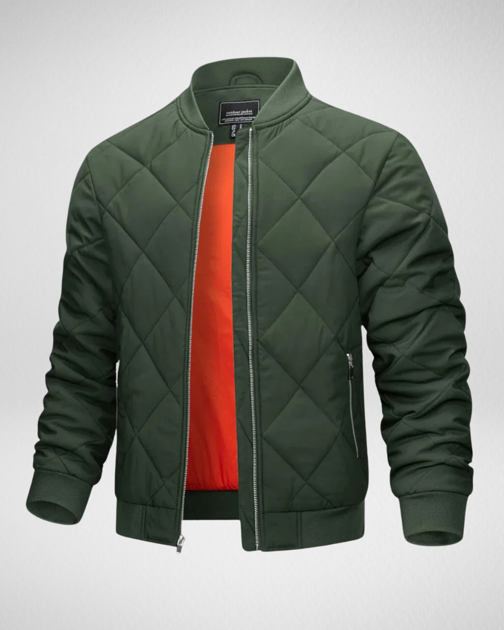 Groen heren bomberjack, gewatteerd en casual. Comfortabele outdoormode met ritssluiting.