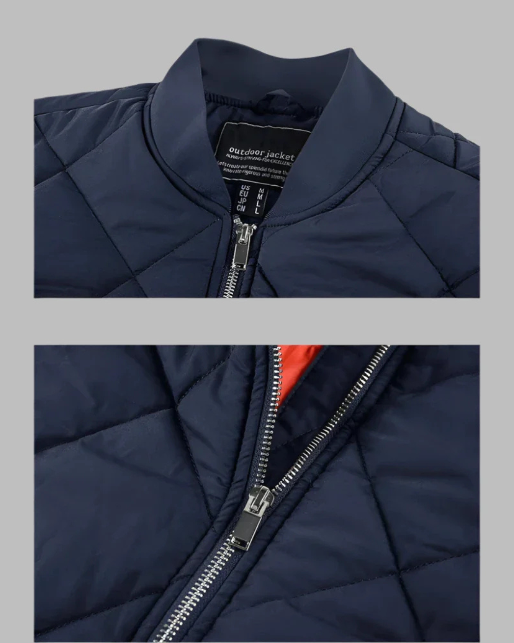 Detail van een stijlvol gewatteerd heren bomberjack, ritssluiting en warme voering; perfect voor herfst.