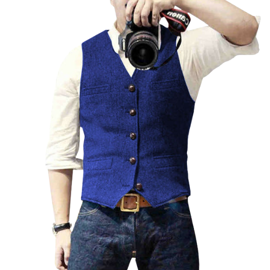 Rugzijde van het moderne heren gilet Oliver, met een slanke pasvorm. Een elegant en veelzijdig vest voor herenkleding.