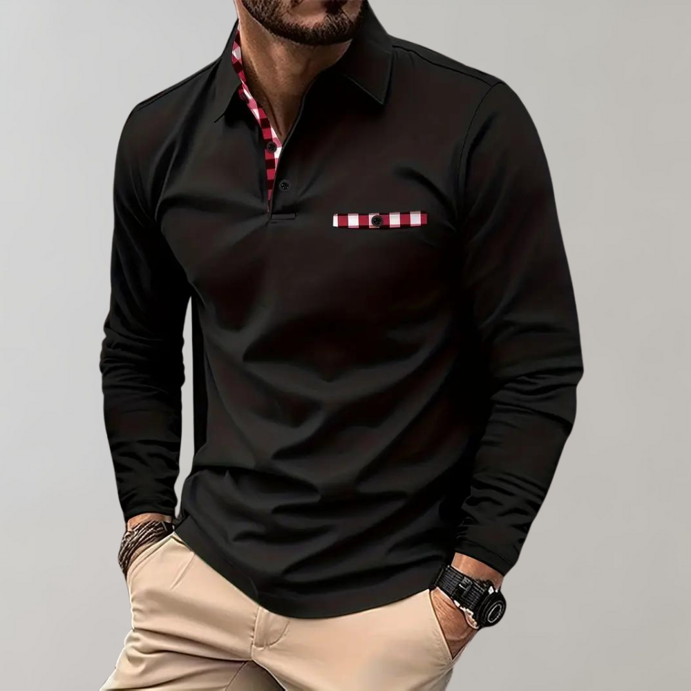 Stijlvol heren poloshirt met lange mouwen in marineblauw, zilvergrijs en zwart voor comfort en veelzijdige uitstraling.