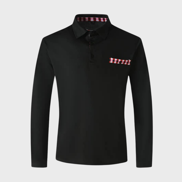 Stijlvol heren poloshirt met lange mouwen in marineblauw, zilvergrijs en zwart voor comfort en veelzijdige uitstraling.