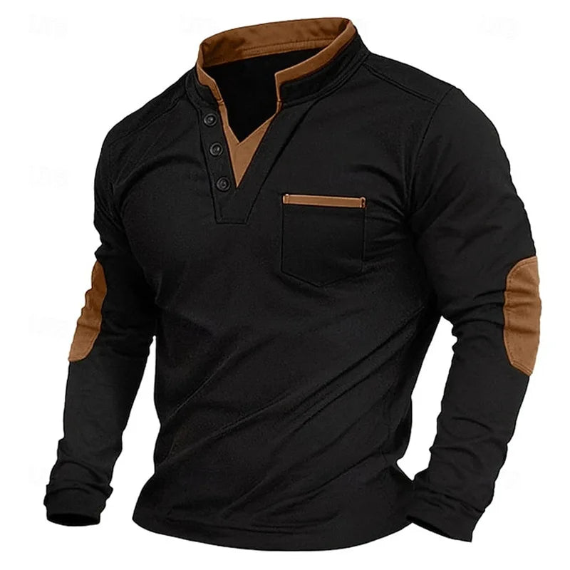 Stijlvol heren sweatshirt met V-hals en contrasterende elleboogpatches, perfect voor casual herenmode.
