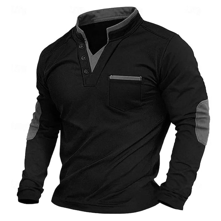 Comfortabel herensweatshirt met V-hals en elleboogpatches voor werk of vrije tijd, relaxed fit.