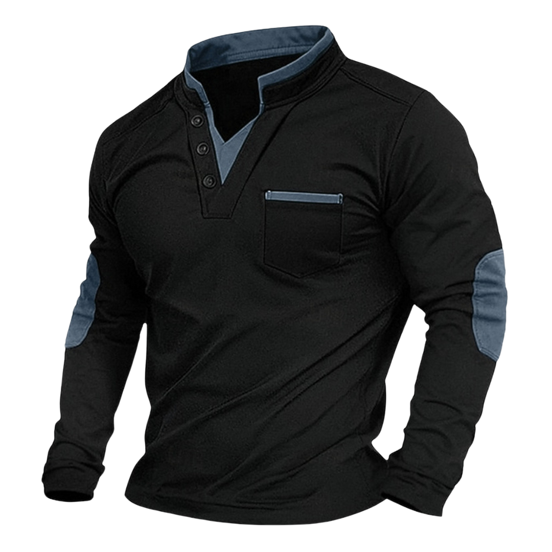 Heren sweatshirt met diepe V-hals en zichtbare elleboogpatches, ideaal voor een modieuze casual look.