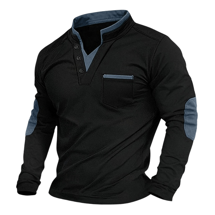 Heren sweatshirt met diepe V-hals en zichtbare elleboogpatches, ideaal voor een modieuze casual look.