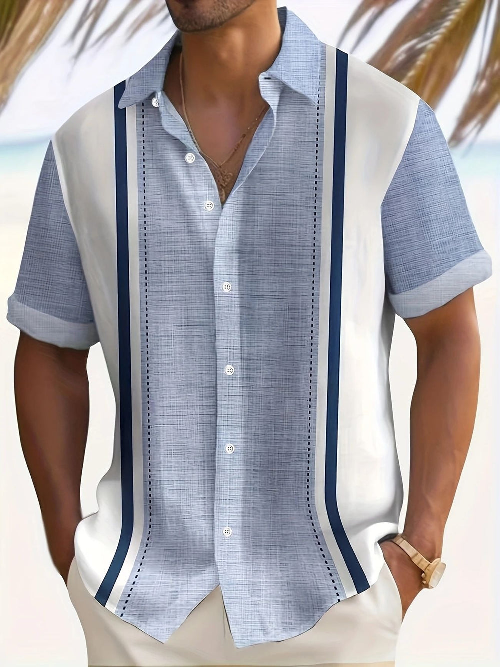 "Stijlvol herenoverhemd met geometrische print, korte mouwen, luchtig en casual voor zomerse dagen."
