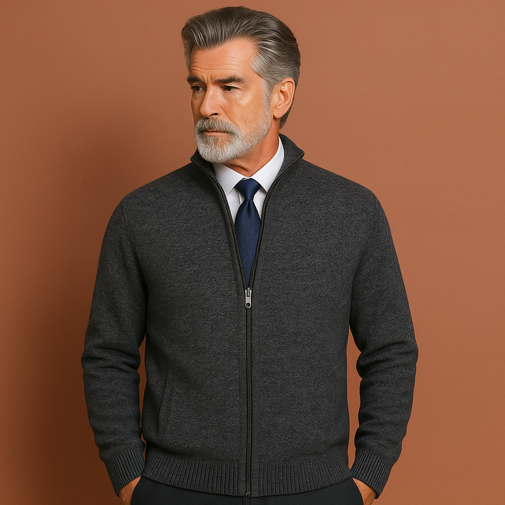 Modern heren vest met volledige rits en opstaande kraag, een essentieel stijlvol kledingstuk voor herfst en lente.