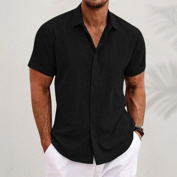 "Stijlvol kort mouw overhemd met katoen-linnen mix, ideaal voor casual wear, afgebeeld met comfortabele pasvorm en frisse uit