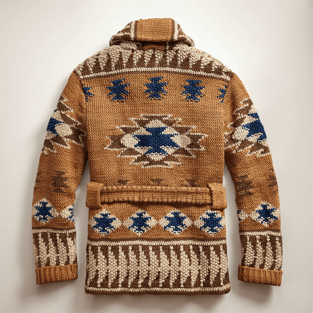 Comfortabel heren jacquard cardigan met sjaalkraag in lichtbruin, perfect voor een casual en warme winterlook.