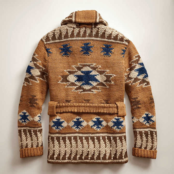 Comfortabel heren jacquard cardigan met sjaalkraag in lichtbruin, perfect voor een casual en warme winterlook.