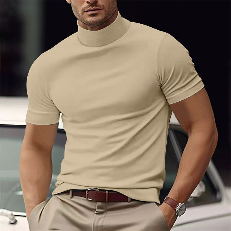 Elegant slim fit heren T-shirt met korte mouwen en hoge nek (turtleneck), voor een verfijnde casual stijl.