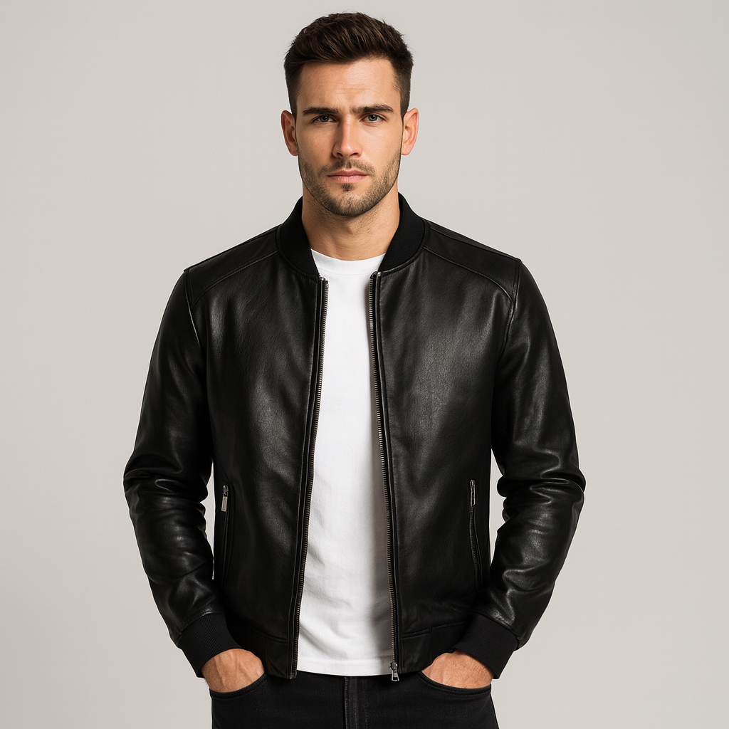 Stijlvol zwart heren bomberjack met strakke pasvorm. Moderne bovenkleding voor een casual look.