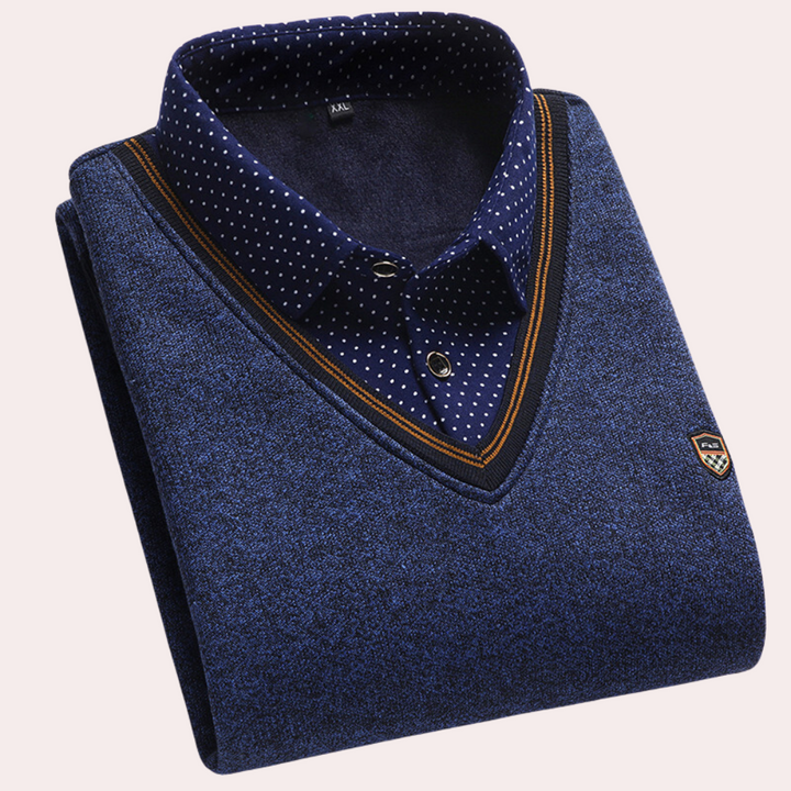 "Stijlvolle blauwe heren zomertrui, Norbert, met elegante overhemdkraag en ademend design, diverse kleuren beschikbaar."
