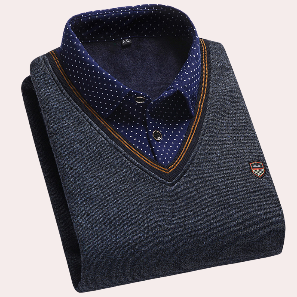 "Stijlvolle blauwe heren zomertrui, Norbert, met elegante overhemdkraag en ademend design, diverse kleuren beschikbaar."