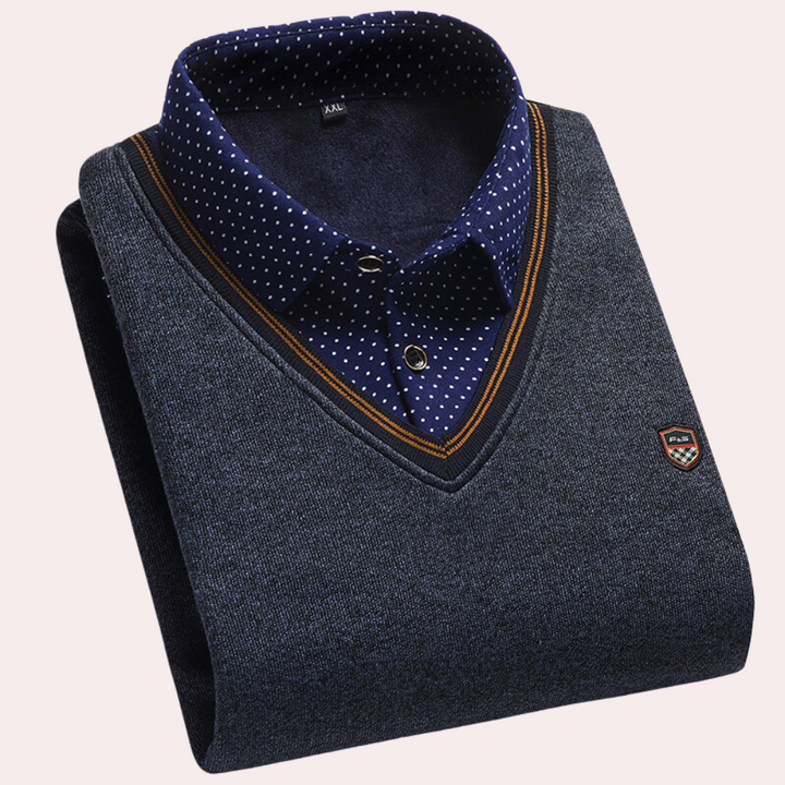 "Stijlvolle blauwe heren zomertrui, Norbert, met elegante overhemdkraag en ademend design, diverse kleuren beschikbaar."