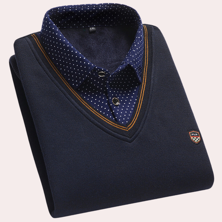 "Stijlvolle blauwe heren zomertrui, Norbert, met elegante overhemdkraag en ademend design, diverse kleuren beschikbaar."