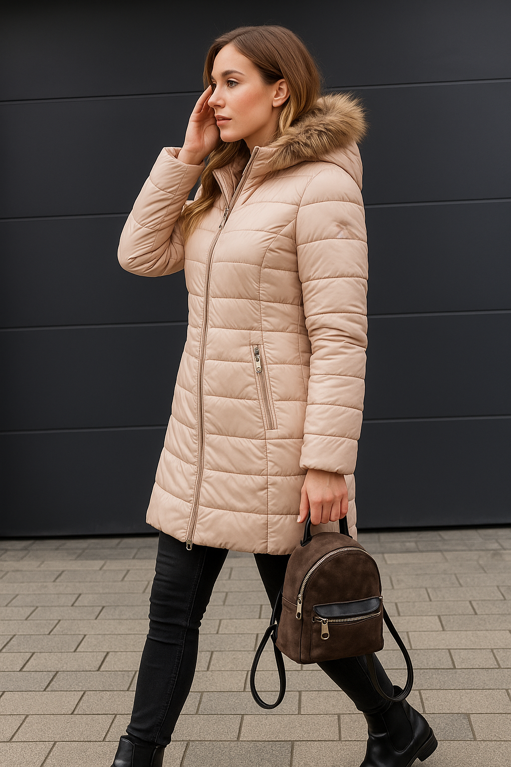Stijlvolle champagne dames winterjas met warme bontkraag, perfect voor winterse dagen. Comfortabel en elegant.
