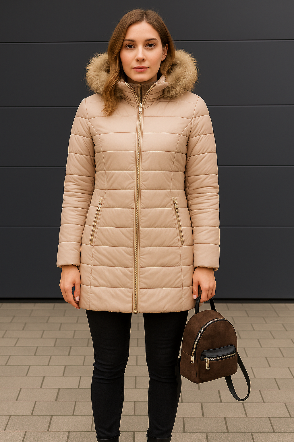 Elegante champagne dames winterjas, weerbestendig en warm met een chique bontkraag. Stijlvol winterjack.