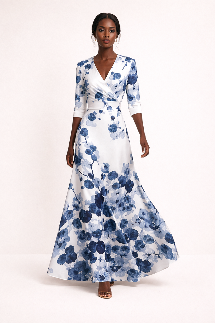 Moderne dames maxi-jurk met unieke print, diepe V-hals en praktische driekwart mouwen; perfecte zomerse casual jurk.