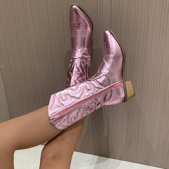 Glanzende metallic cowboylaarzen voor dames, ideaal voor feestelijke gelegenheden en herfst/wintermode.