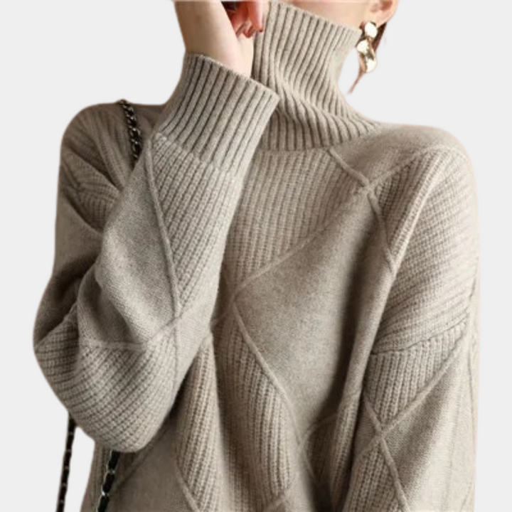 "Stijlvolle dames pullover coltrui met geometrisch ontwerp, warme stof, verkrijgbaar in beige, bruin, grijs, groen, zwart."