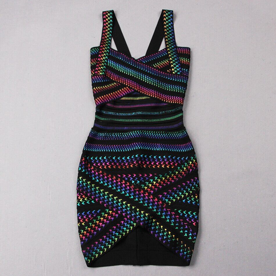 Glamoureuze dames mini avondjurk, veelkleurig en gestreept, perfect als chique feestoutfit voor uitgaan.