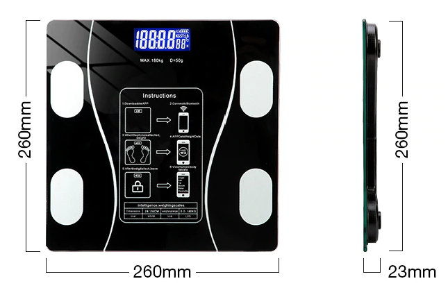 Stijlvolle digitale weegschaal, glazen top, met LED-display voor lichaamsanalyse tot 180kg, meet 11 kenmerken.