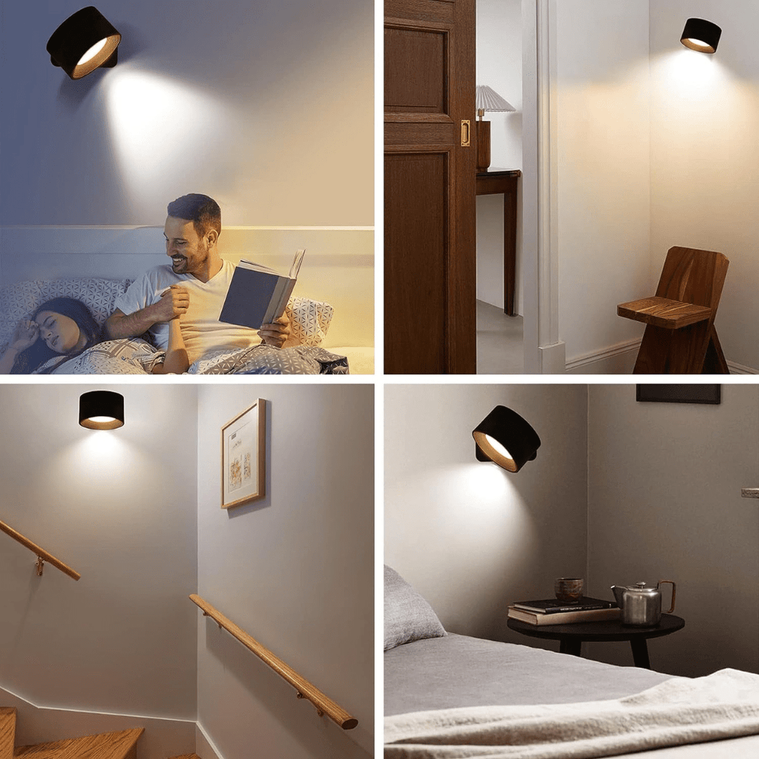 Stijlvolle draadloze oplaadbare 360° LED wandlamp, geschikt voor binnen en buiten, in hout, wit of zwart.