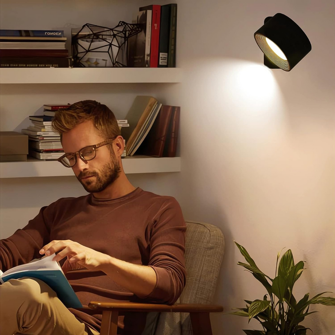 Stijlvolle draadloze oplaadbare 360° LED wandlamp, geschikt voor binnen en buiten, in hout, wit of zwart.