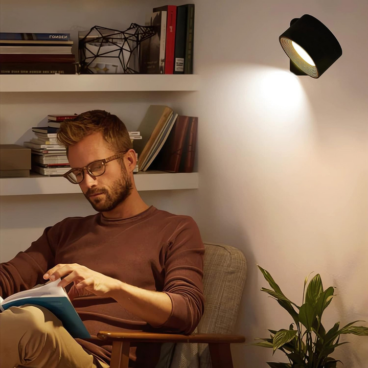 Stijlvolle draadloze oplaadbare 360° LED wandlamp, geschikt voor binnen en buiten, in hout, wit of zwart.