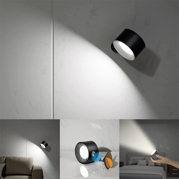 Stijlvolle draadloze oplaadbare 360° LED wandlamp, geschikt voor binnen en buiten, in hout, wit of zwart.
