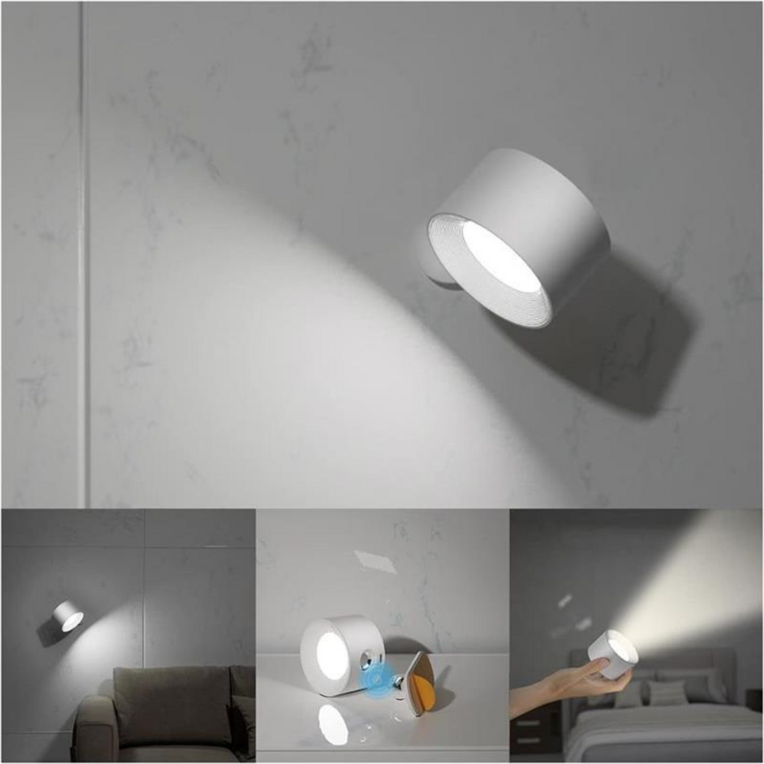 Stijlvolle draadloze oplaadbare 360° LED wandlamp, geschikt voor binnen en buiten, in hout, wit of zwart.