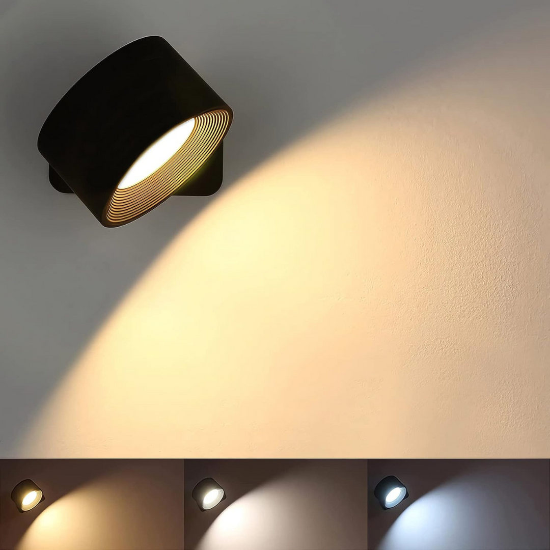 Stijlvolle draadloze oplaadbare 360° LED wandlamp, geschikt voor binnen en buiten, in hout, wit of zwart.