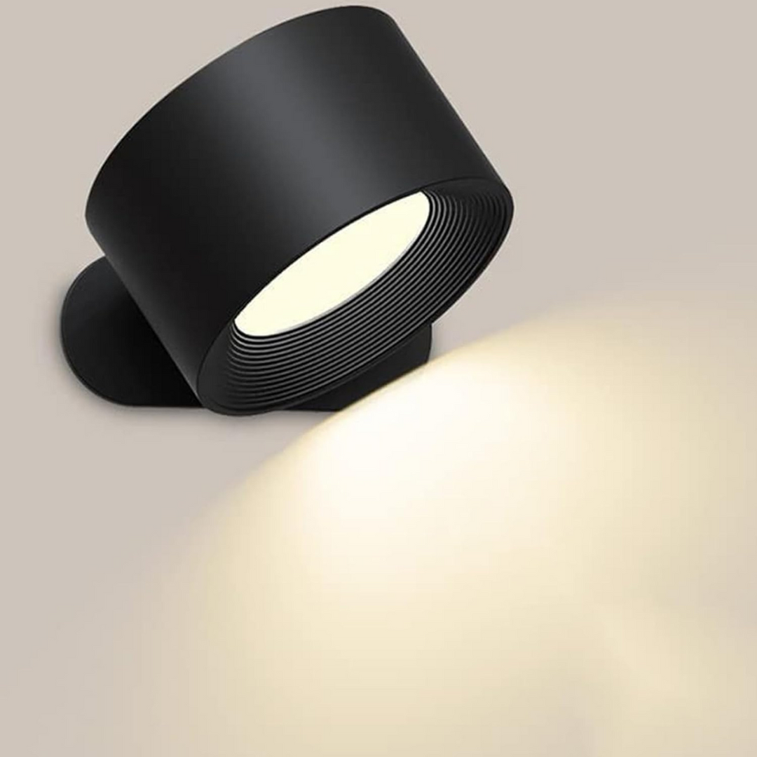 Stijlvolle draadloze oplaadbare 360° LED wandlamp, geschikt voor binnen en buiten, in hout, wit of zwart.