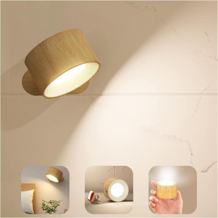 Stijlvolle draadloze oplaadbare 360° LED wandlamp, geschikt voor binnen en buiten, in hout, wit of zwart.