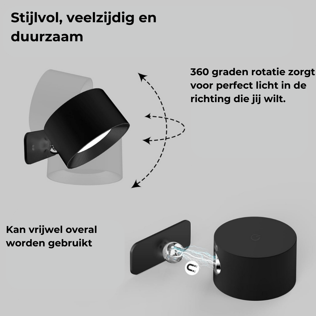 Stijlvolle draadloze oplaadbare 360° LED wandlamp, geschikt voor binnen en buiten, in hout, wit of zwart.