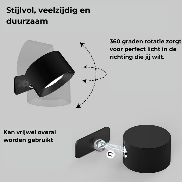 Stijlvolle draadloze oplaadbare 360° LED wandlamp, geschikt voor binnen en buiten, in hout, wit of zwart.