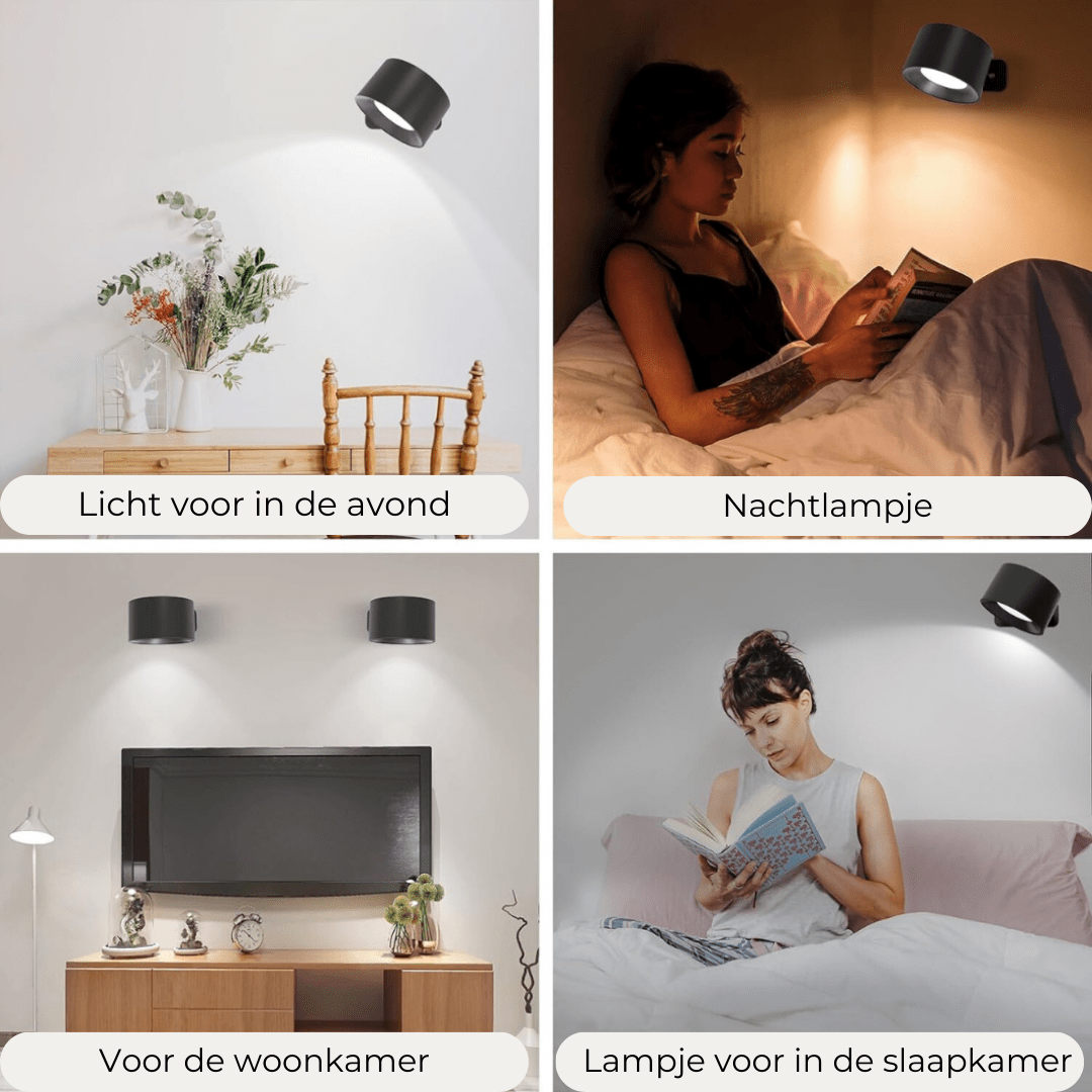 Stijlvolle draadloze oplaadbare 360° LED wandlamp, geschikt voor binnen en buiten, in hout, wit of zwart.