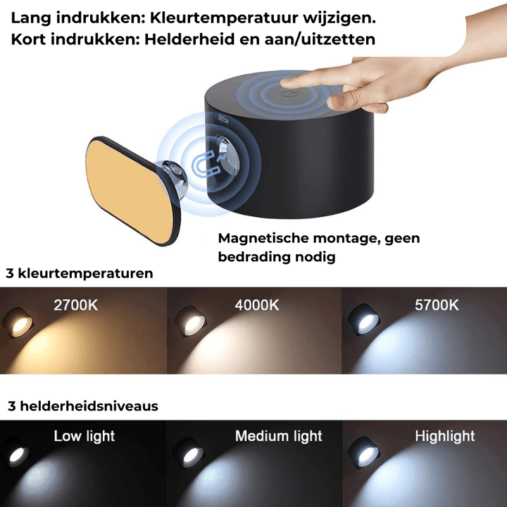 Stijlvolle draadloze oplaadbare 360° LED wandlamp, geschikt voor binnen en buiten, in hout, wit of zwart.