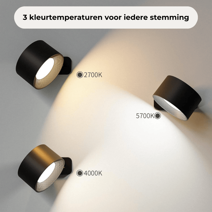 Stijlvolle draadloze oplaadbare 360° LED wandlamp, geschikt voor binnen en buiten, in hout, wit of zwart.