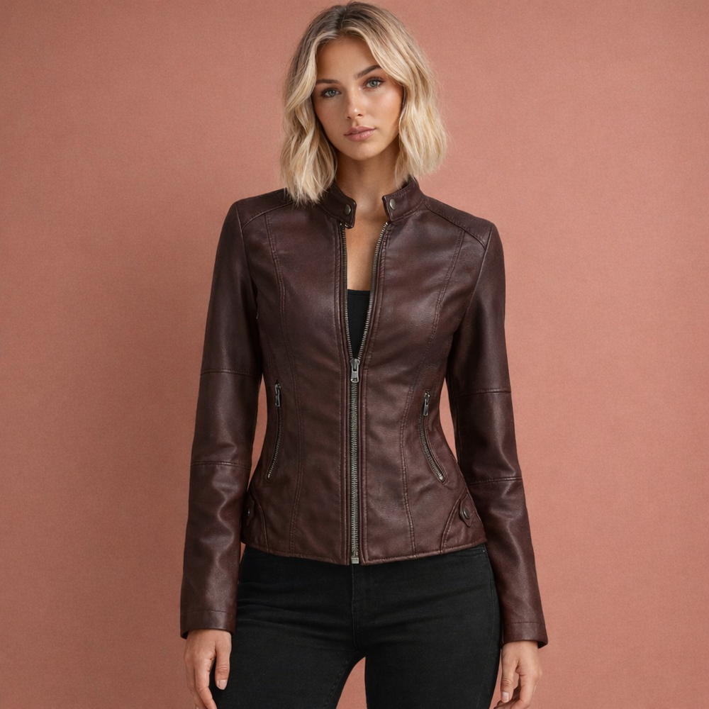 Modieuze getailleerde leren dames bikerjas Antonia, tijdloos en elegant. Essentiële outwear voor vrouwen.