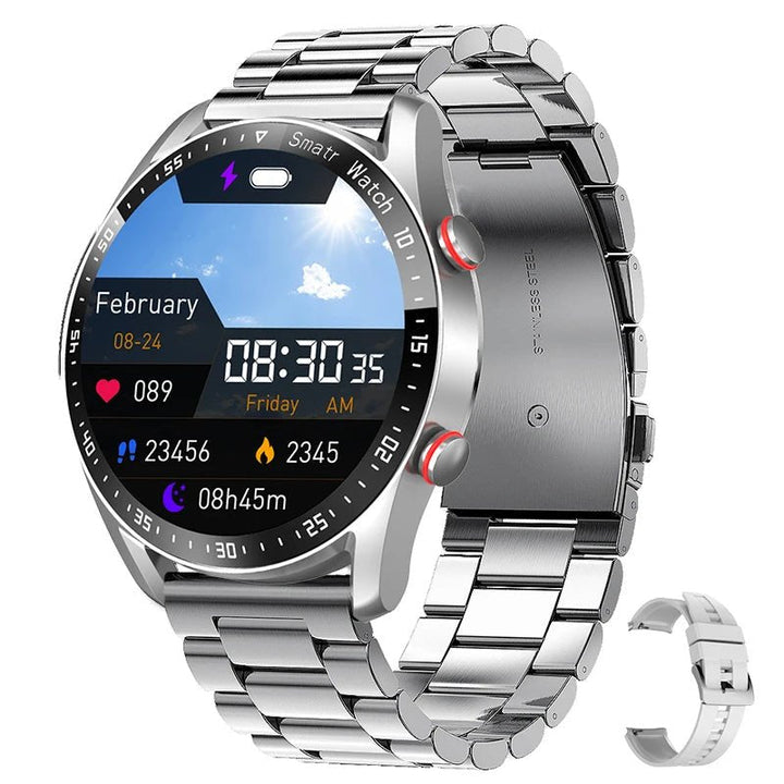 "Stijlvolle GlucoseGuard smartwatch in zwart met zilveren accenten, toont realtime gezondheids- en glucosewaarden op je pols.