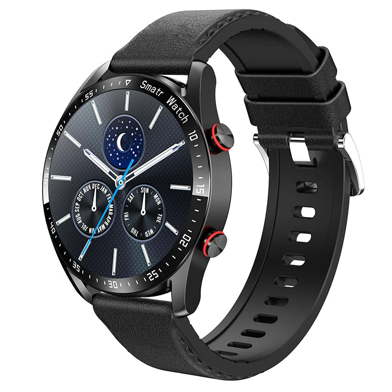 "Stijlvolle GlucoseGuard smartwatch in zwart met zilveren accenten, toont realtime gezondheids- en glucosewaarden op je pols.