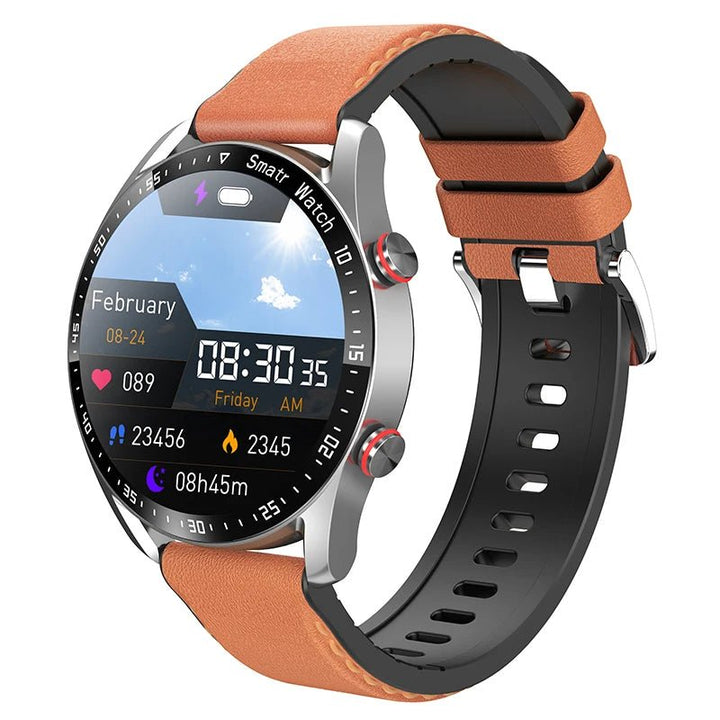 "Stijlvolle GlucoseGuard smartwatch in zwart met zilveren accenten, toont realtime gezondheids- en glucosewaarden op je pols.