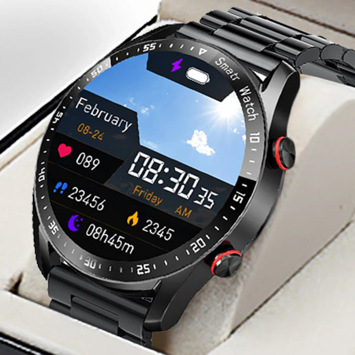"Stijlvolle GlucoseGuard smartwatch in zwart met zilveren accenten, toont realtime gezondheids- en glucosewaarden op je pols.