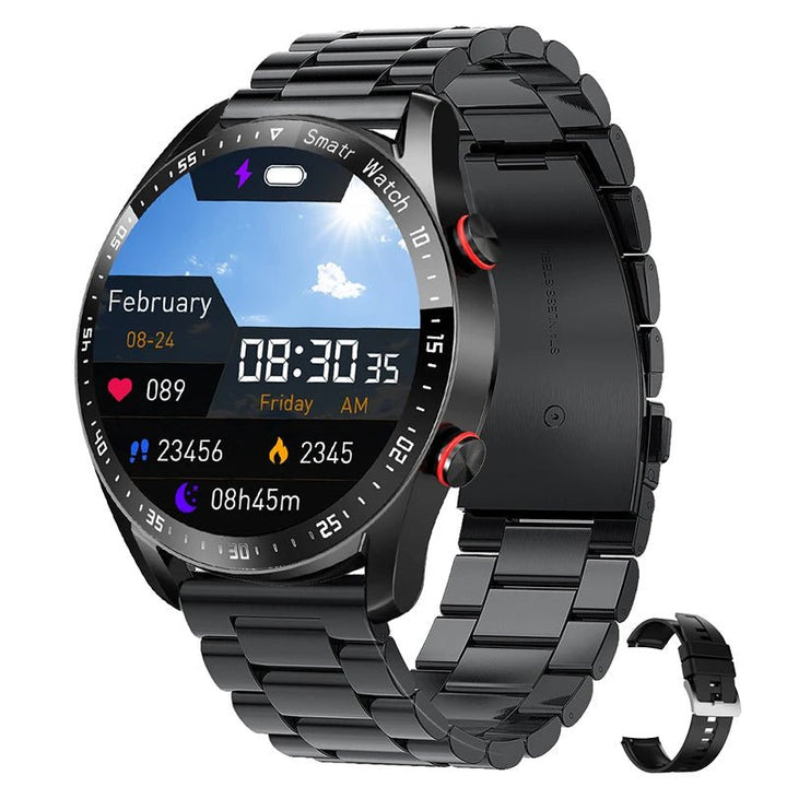 "Stijlvolle GlucoseGuard smartwatch in zwart met zilveren accenten, toont realtime gezondheids- en glucosewaarden op je pols.