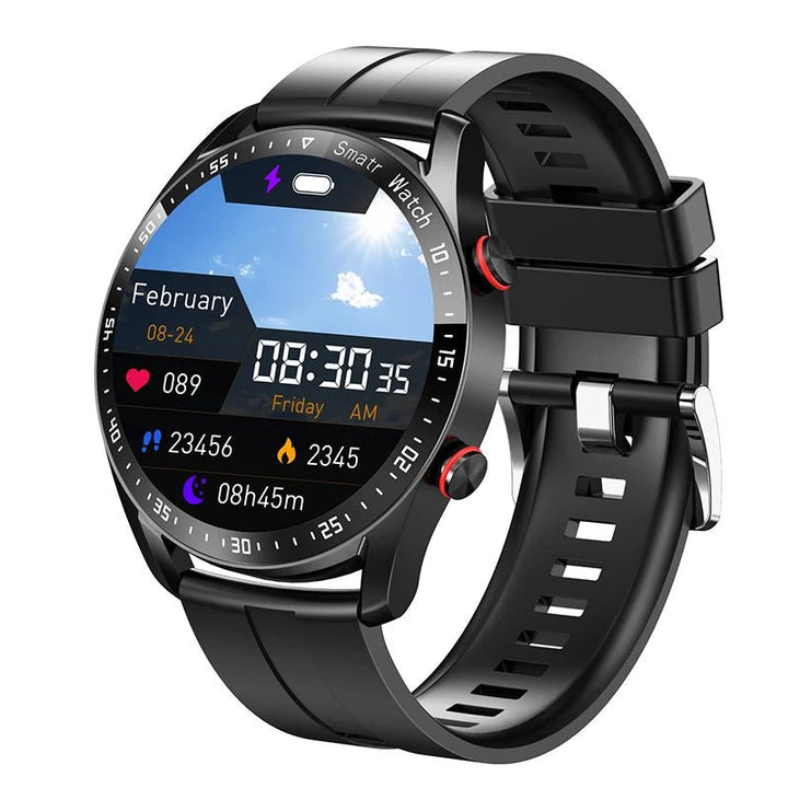 "Stijlvolle GlucoseGuard smartwatch in zwart met zilveren accenten, toont realtime gezondheids- en glucosewaarden op je pols.