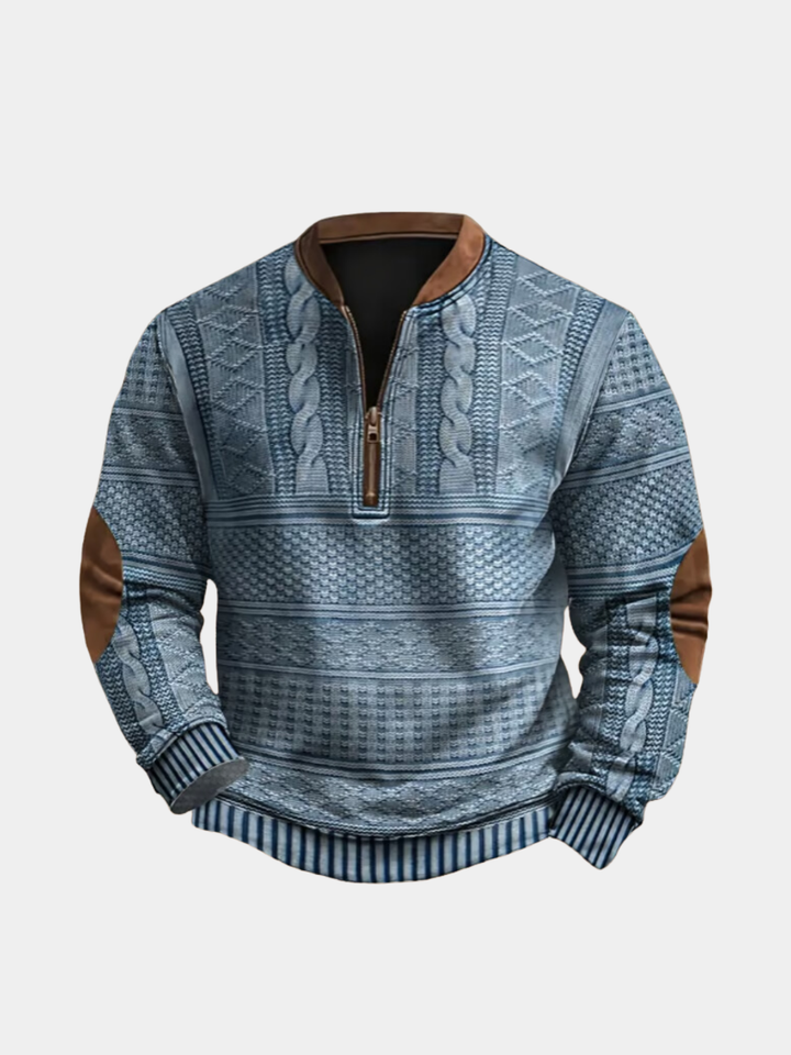 Stijlvolle heren half-zip trui in elegante wintermode, comfortabel voor casual en chique looks.